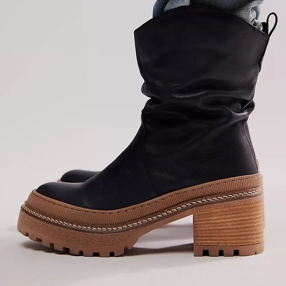 Free People Mel Slouch Leather Boot Black Chunky Sole 6.5